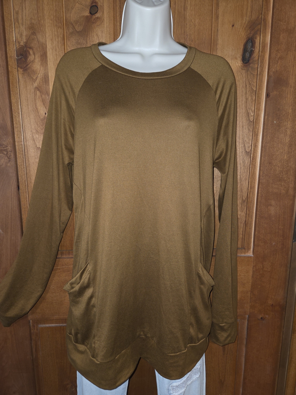Women's Tan Tunic Top with Scoop Neck and Pockets